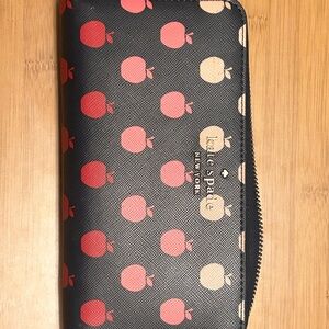 Kate Spade Black Wallet with Pink and Tan Apple Design